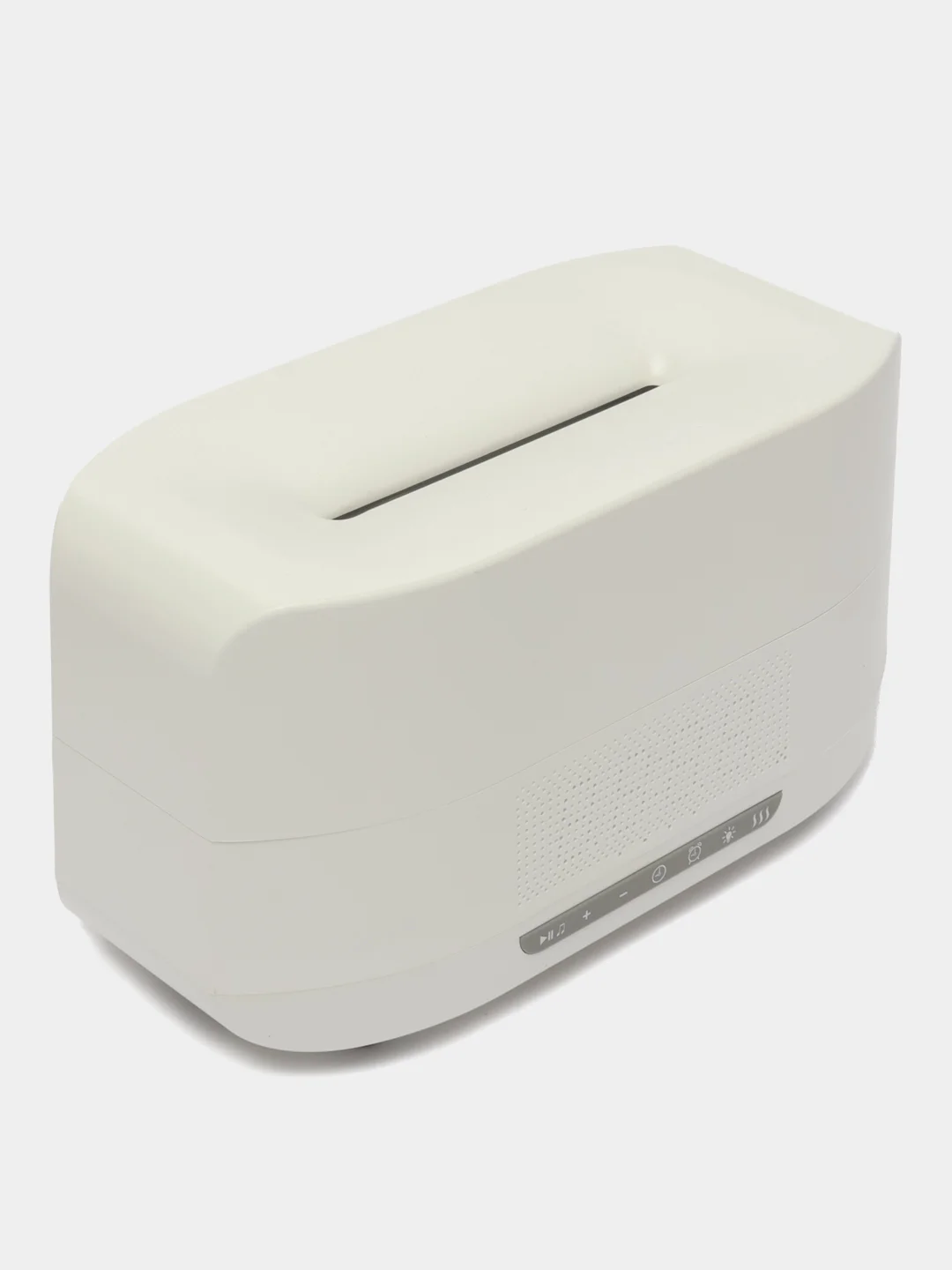 Белый увлажнитель воздуха с эффектом пламени 3в1 (bluetooth колонка, LED-часы, будильник)
