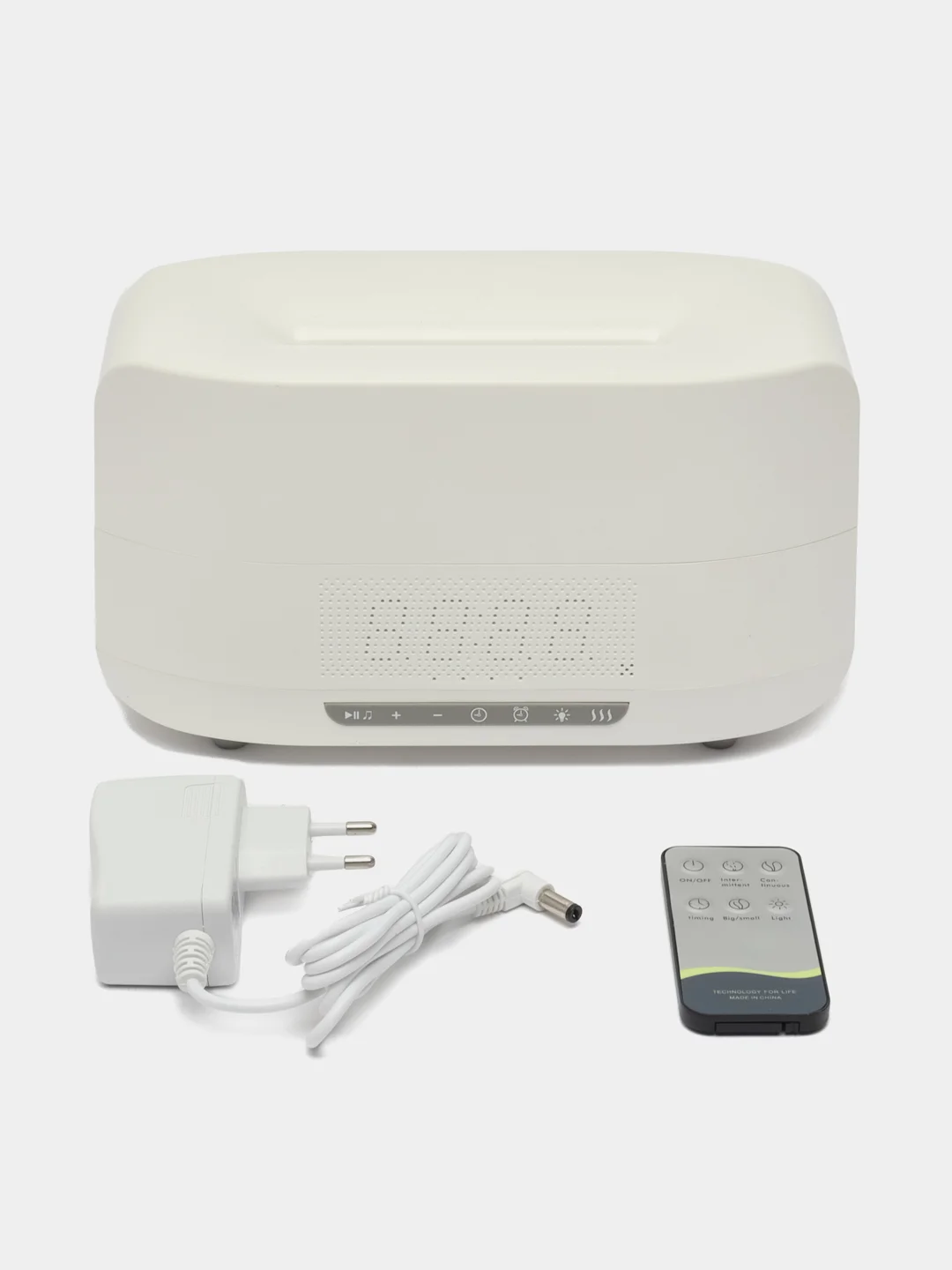 Белый увлажнитель воздуха с эффектом пламени 3в1 (bluetooth колонка, LED-часы, будильник)