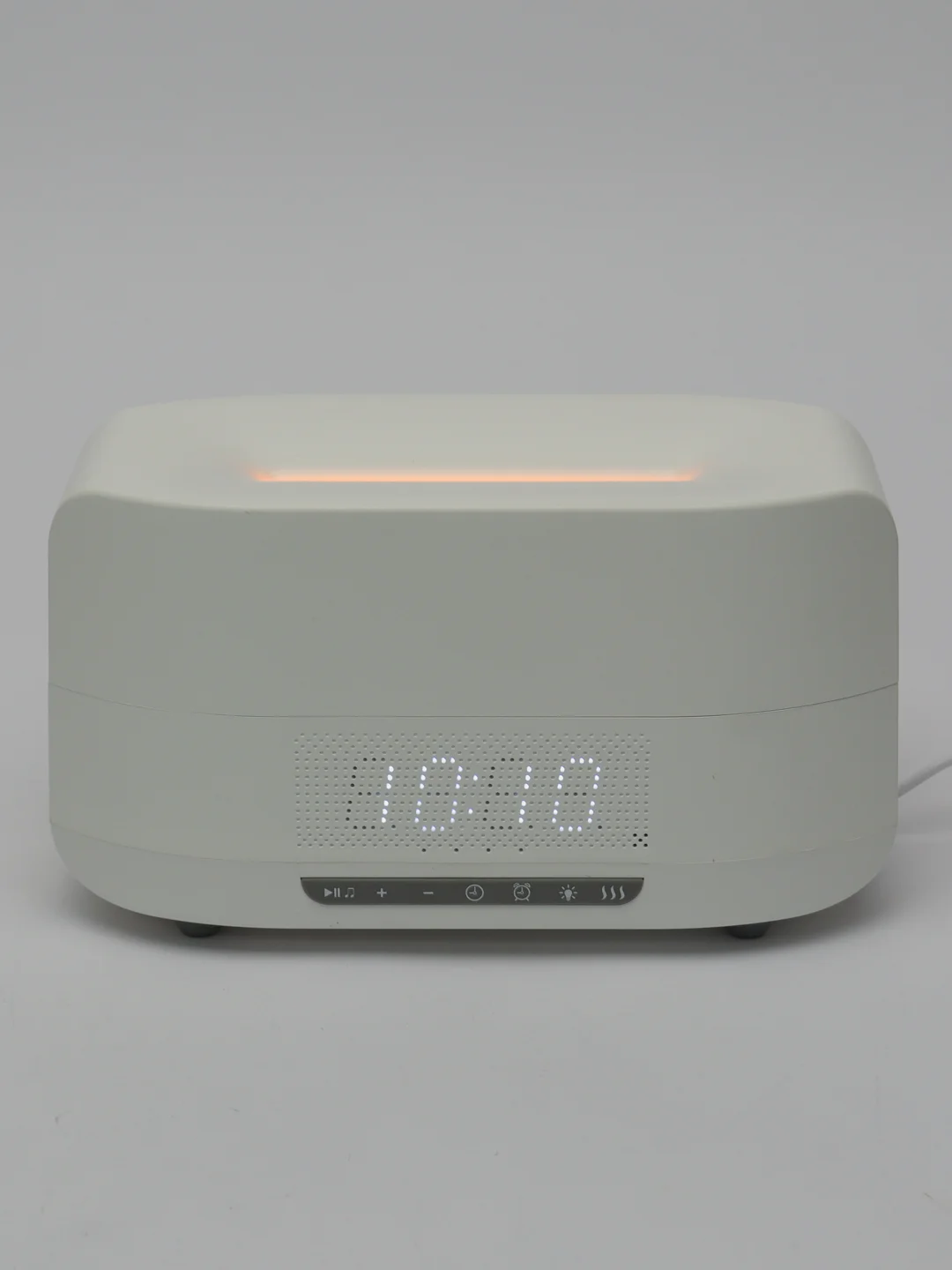 Белый увлажнитель воздуха с эффектом пламени 3в1 (bluetooth колонка, LED-часы, будильник)