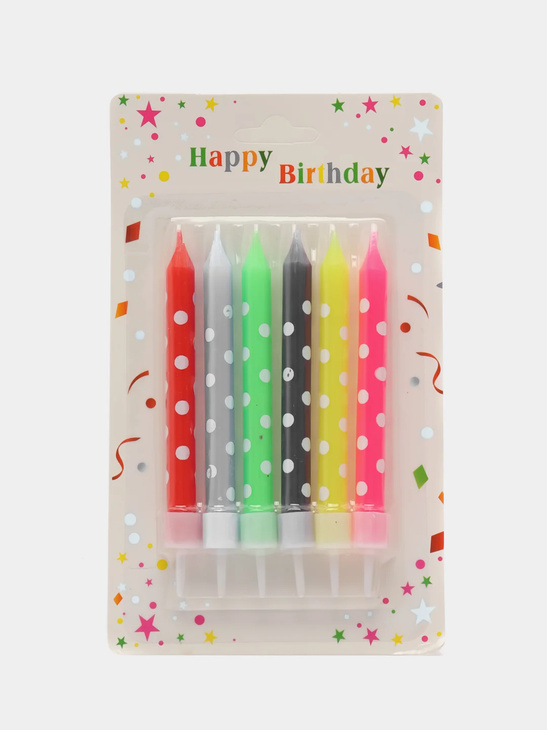 Свечи для торта толстые разноцветные в горошек, Happy Birthday, яркие,нежные на подставке