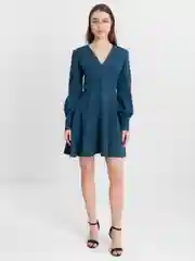Тёмно-бирюзовый платье женское,короткое, с длинными рукавами, на пуговицах