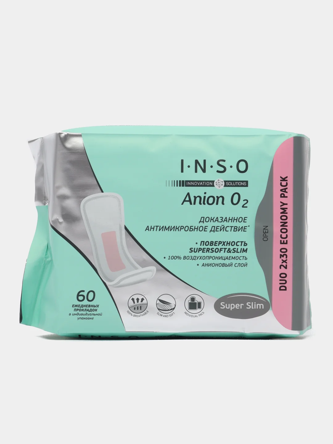 Мятный прокладки ежедневные женские ультратонкие INSO Anion O2, большая упаковка 30 шт, 60 шт