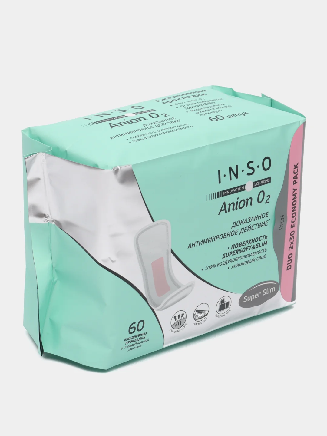 Мятный прокладки ежедневные женские ультратонкие INSO Anion O2, большая упаковка 30 шт, 60 шт
