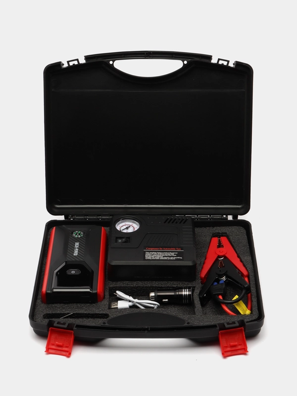 Пусковое устройство 800А для автомобиля, 4 в 1, с насосом в кейсе, Jump Starter, бустер