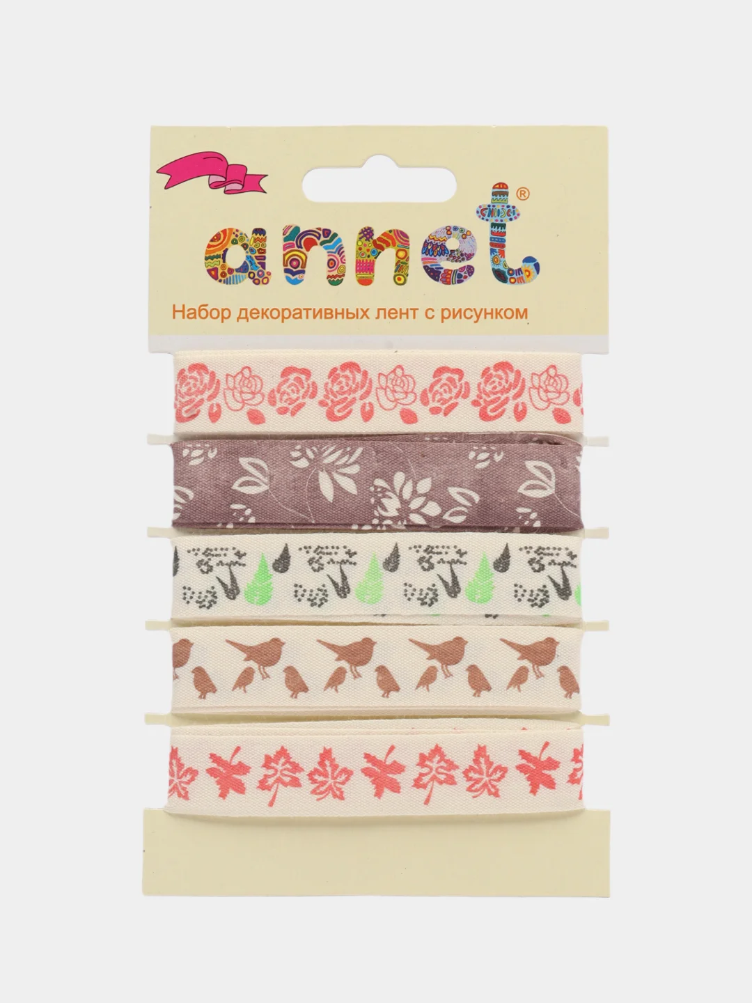 Красный набор декоративных лент с рисунком Annet.хлопковые ленты ширина 16мм,5 отрезов длина по 1м