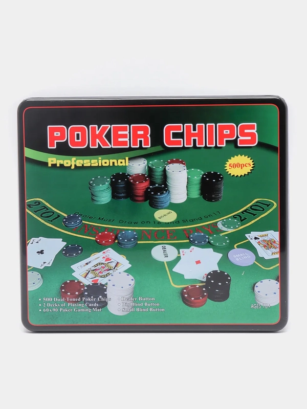 Покерный набор "Premium Poker" Holdem Light, 500 фишек с номиналом, в жестяной коробке