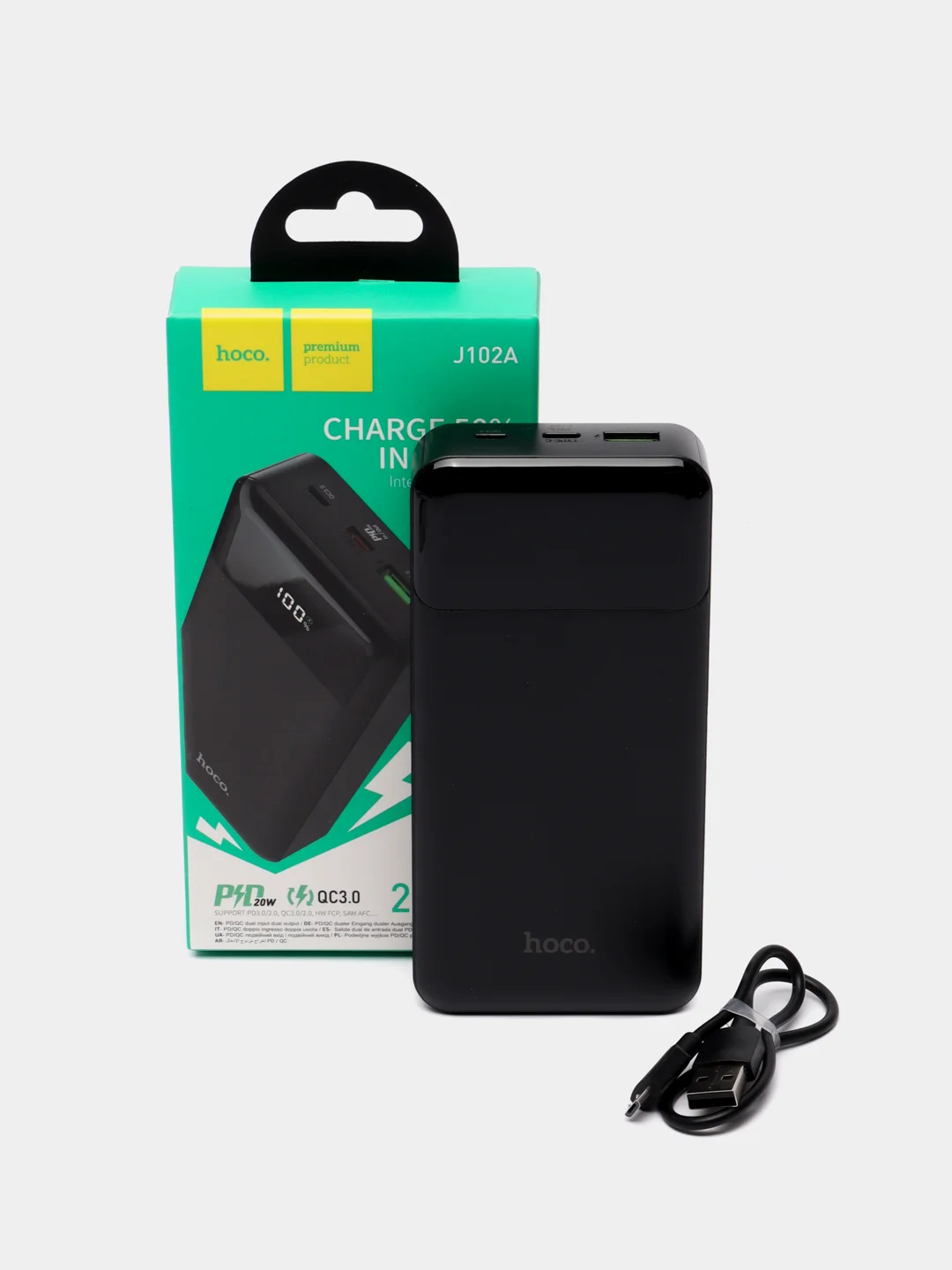 Черный внешний аккумулятор Hoco J102, 20000, 10000mah, БЫСТРАЯ ЗАРЯДКА QC 3.0 + PD