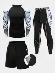 Молочный мужской спортивный костюм 3 в 1: рашгард, тайтсы, шорты
