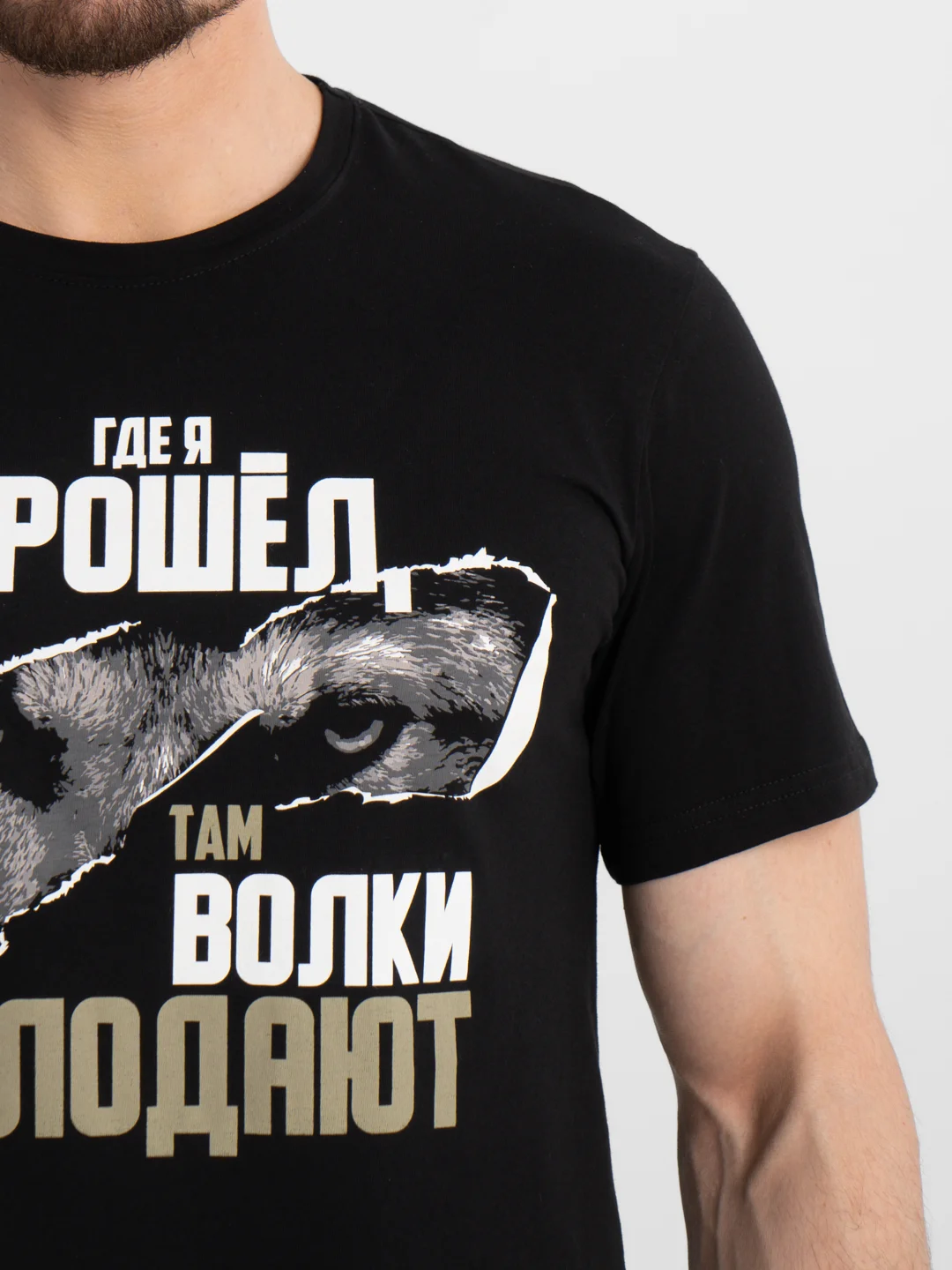 Футболка мужская черная с принтом "Где я прошел, там волки голодают", хлопок