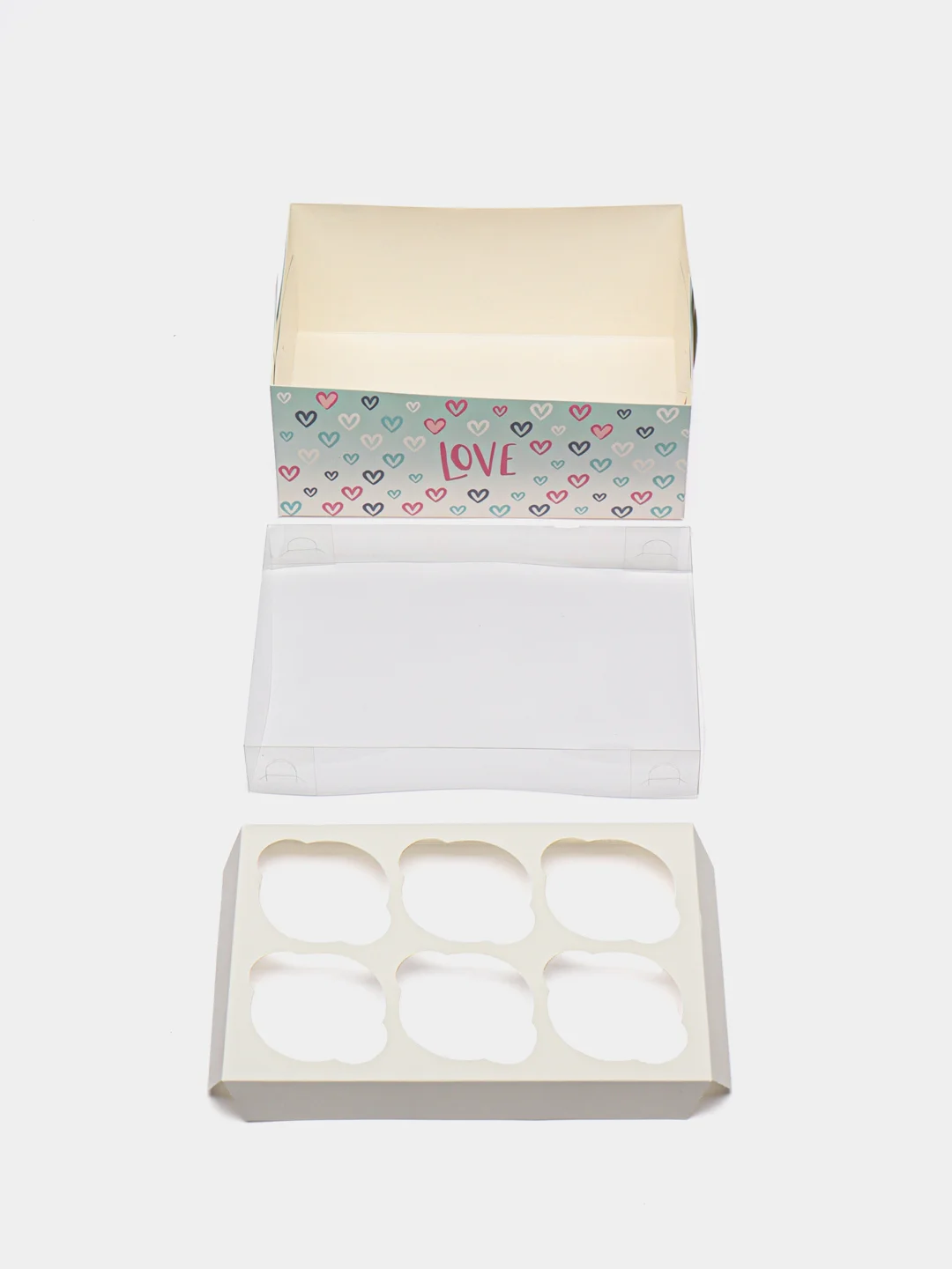Небесно-голубой коробка для капкейков Love, с сердечками, 23х16 х10 см