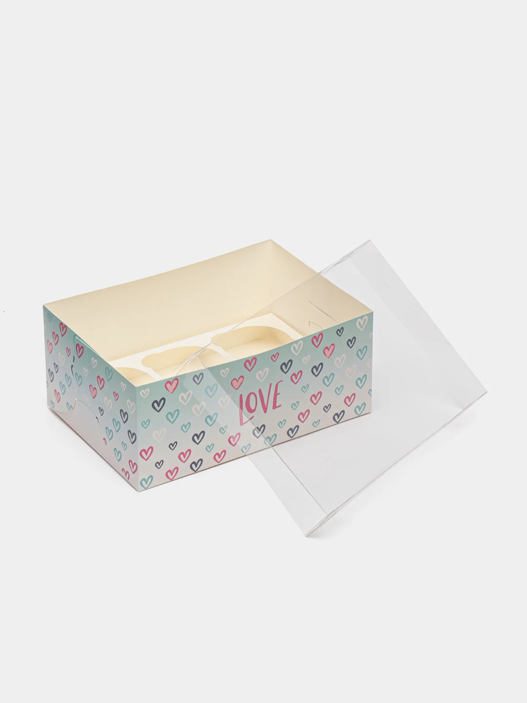 Небесно-голубой коробка для капкейков Love, с сердечками, 23х16 х10 см
