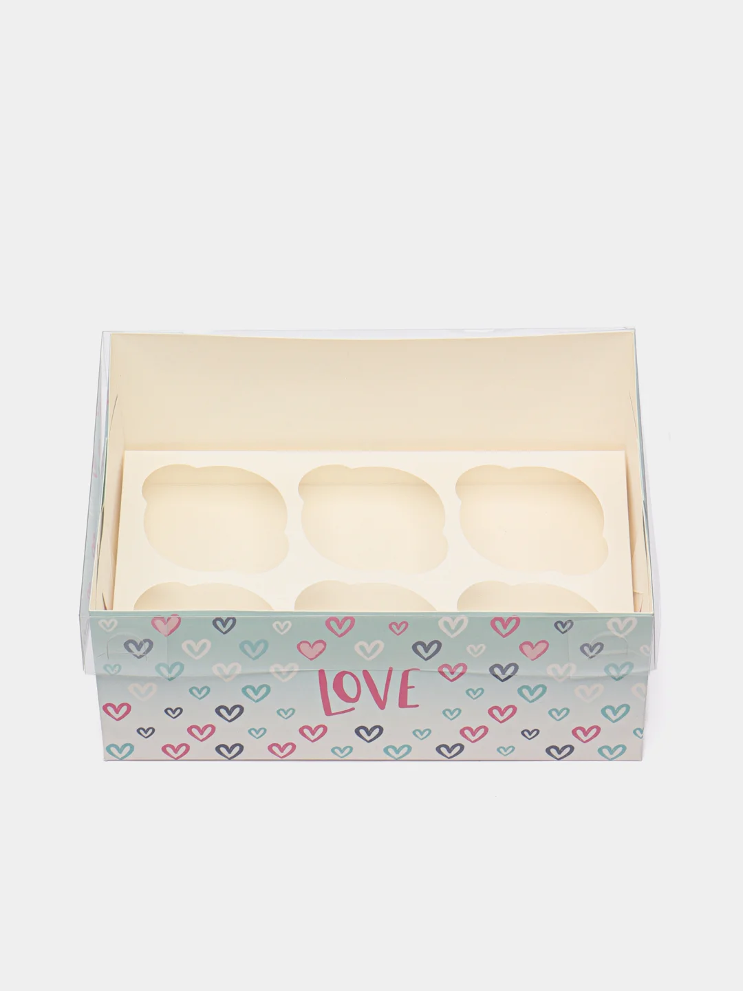 Небесно-голубой коробка для капкейков Love, с сердечками, 23х16 х10 см