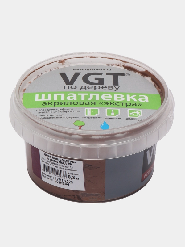 Шпатлёвка VGT по дереву, цвет МАХАГОН, акриловая, тонированная, экстра, 300 гр