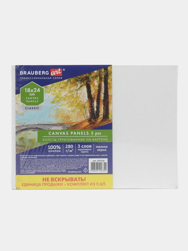 Холст на картоне набор 5 штук 18x24 см, 280 г м2, хлопок, Brauberg Art Classic, 192510