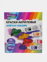 Акриловые краски художественные набор для рисования 24 цв по 12 мл, Brauberg Hobby, 192404