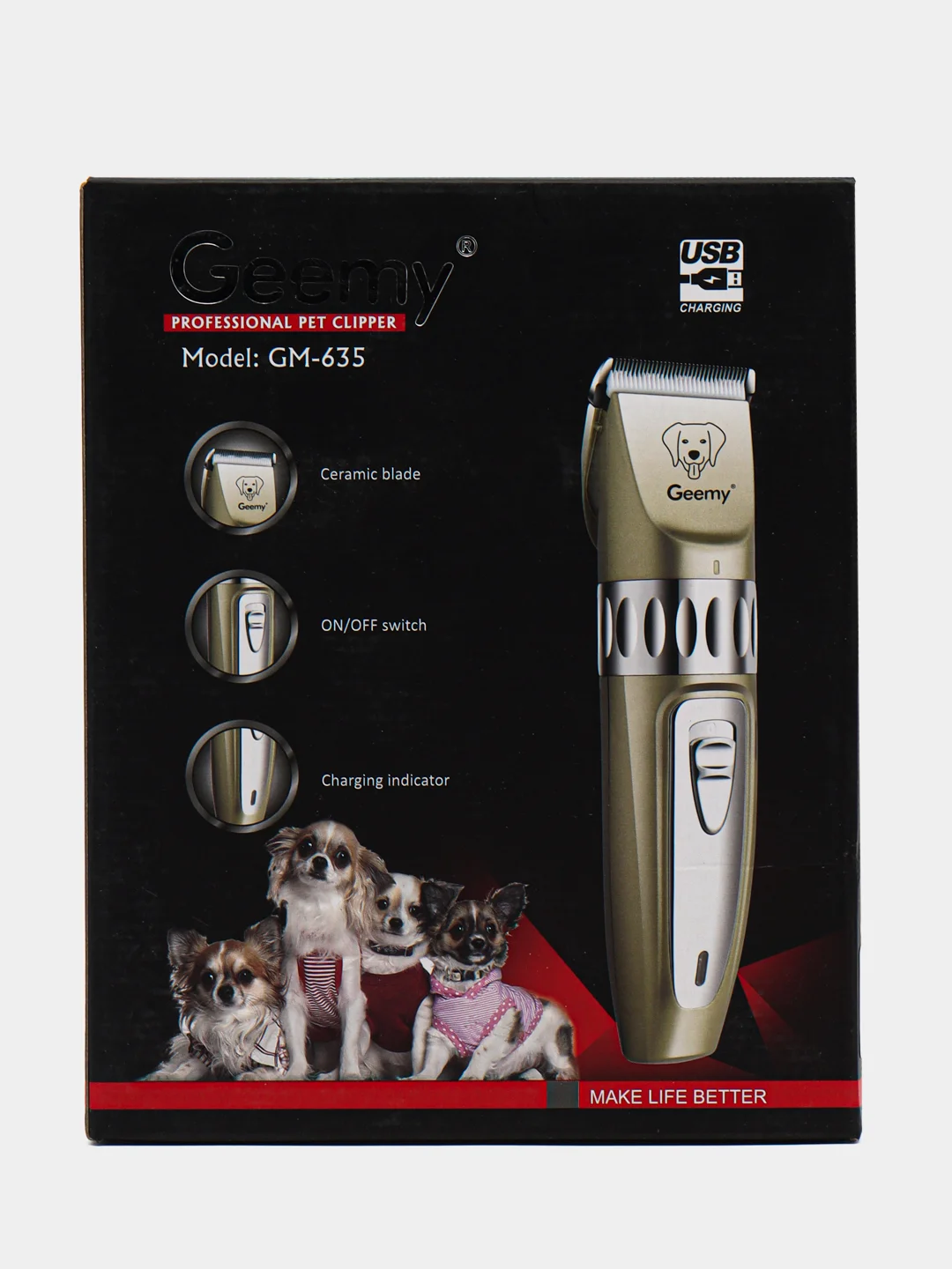 Серый металлик машинка для стрижки животных Geemy GM-635, 4 насадки