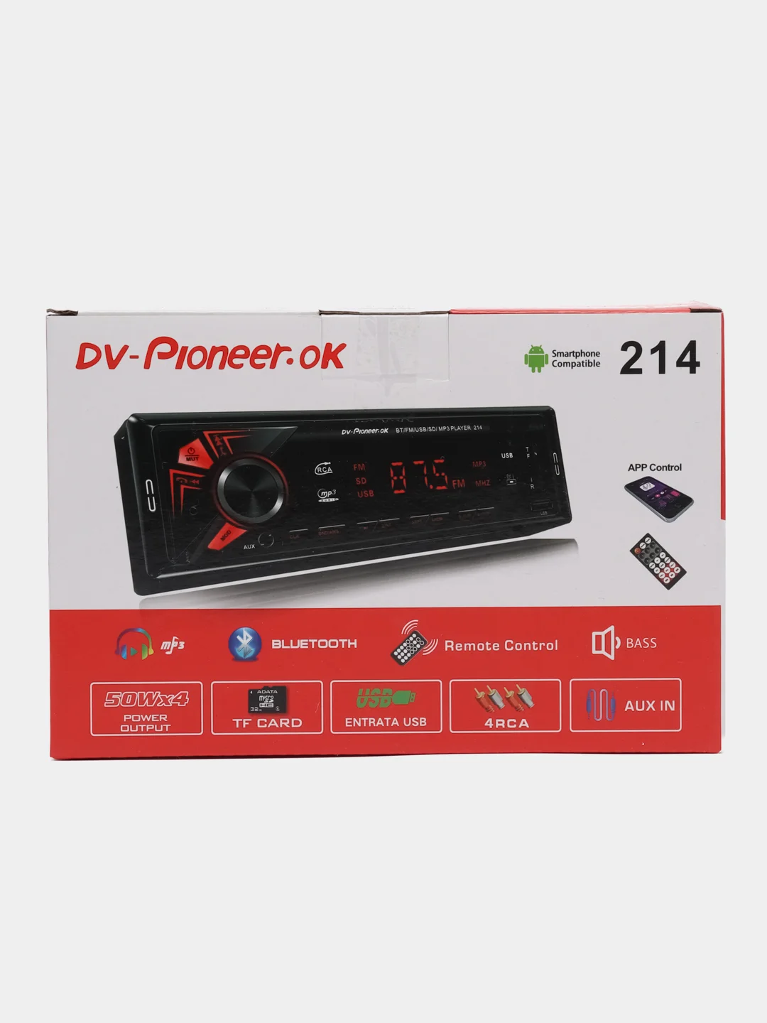 Красный автомагнитола dv-Pioneer.ok 214 (Bluetooth/AUX/USB/FM)