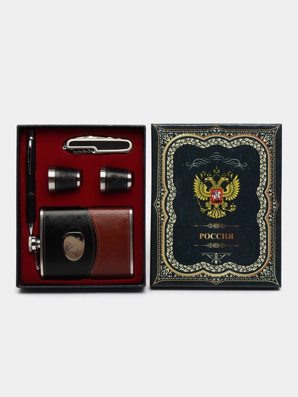 Подарочный набор "Герб России" фляжка 275 мл+2 стопки 30 мл+мультинож+ручка
