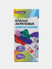 Акриловые краски художественные набор для рисования 12 цв по 12 мл, Brauberg Hobby, 192403