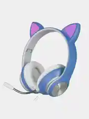 Синий наушники беспроводные/проводные детские, Bluetooth, с кошачьими светящимися ушками