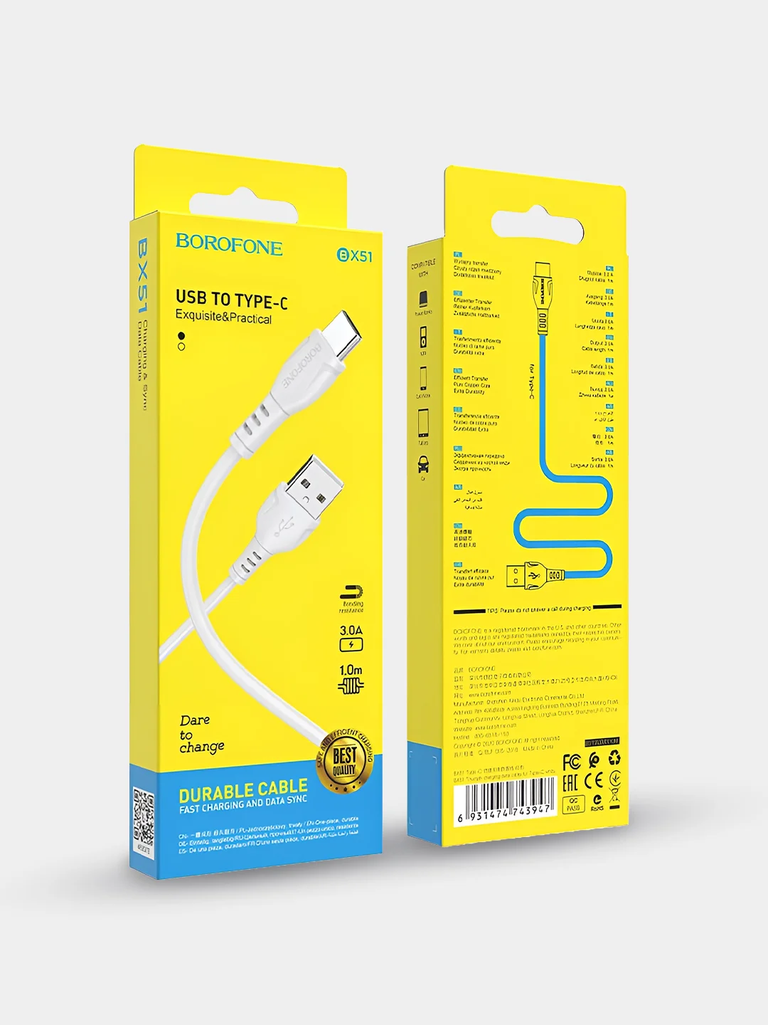 Белый кабель Type-C USB, быстрая зарядка, для андроид, Borofone BX51, 3А