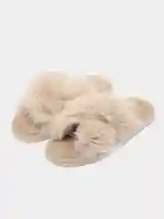 Песочный хаки тапочки домашние женские, меховые, пушистые, открытые