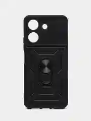 Угольный чехол для Xiaomi Redmi 13C / Poco C65 противоударный, с металлической подставкой кольцом