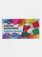 Акриловые краски художественные, набор для рисования 8 цв по 22 мл, Brauberg Hobby, 192405