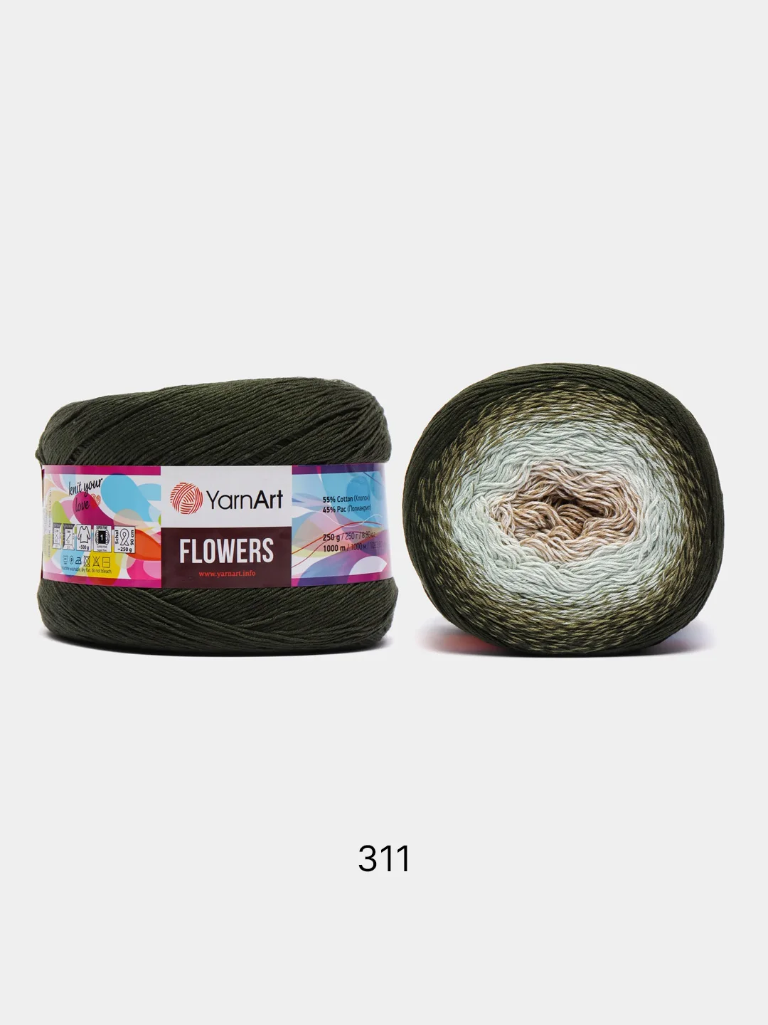 Зелёный хаки пряжа YarnArt Flowers 55% Хлопок 45% Полиакрил 250г 1000м, 1 моток