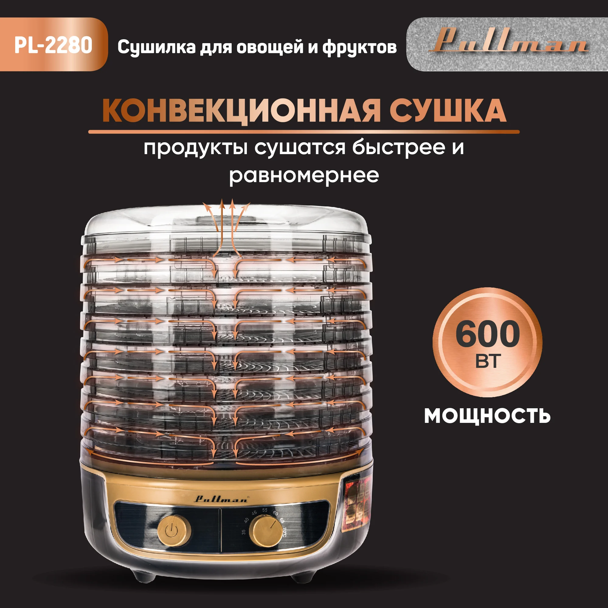 Сушилка для овощей 3в1 с функциями приготовления йогурта и десертов Pullman PL-2280