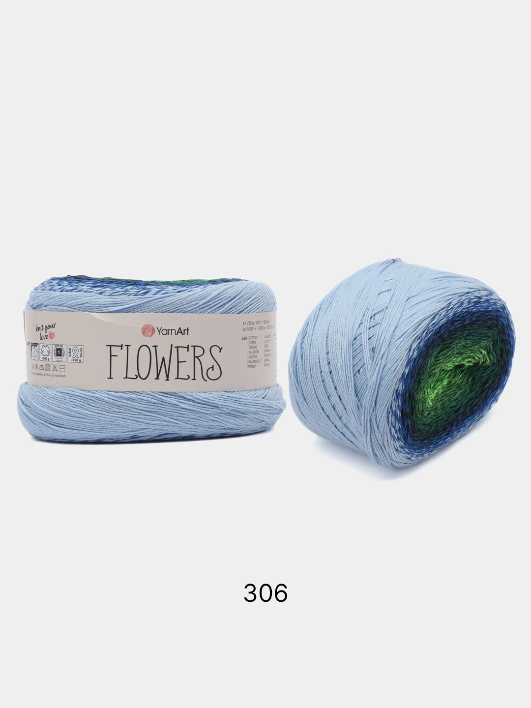 Зеленый пряжа YarnArt Flowers 55% Хлопок 45% Полиакрил 250г 1000м, 1 моток