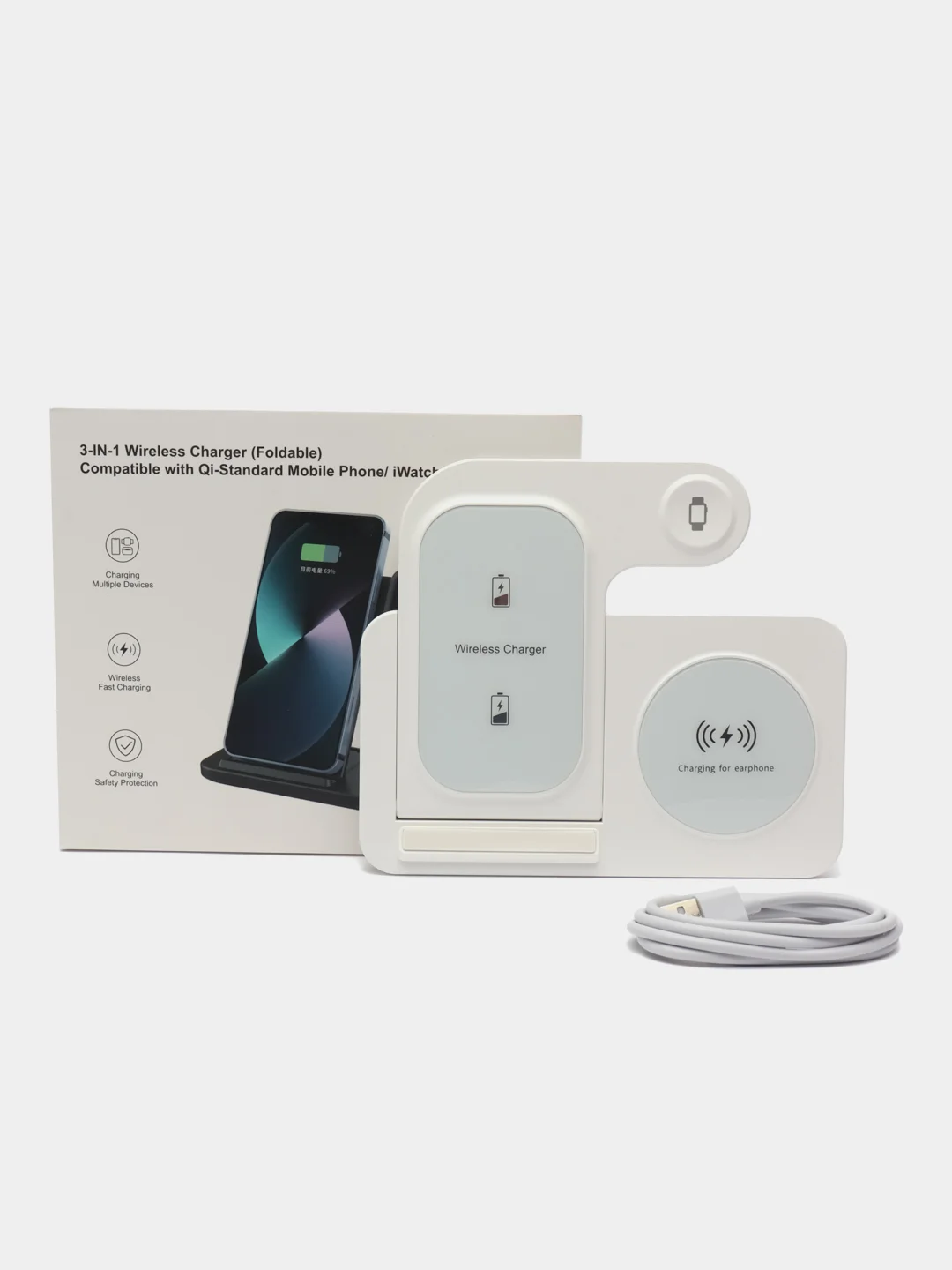 Белый беспроводная зарядка 3 в 1 для iPhone, iWatch, AirPods, Android, 2 цвета