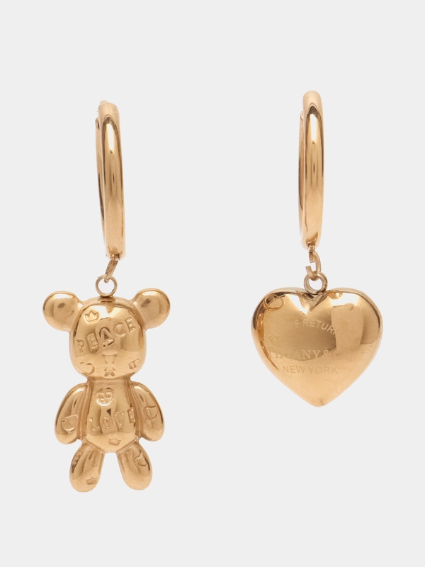 Серьги непарные асимметричные разные бижутерия мишка+сердце
