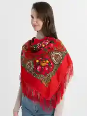 Марсала платок женский, в русском стиле, с бахрамой, с цветами