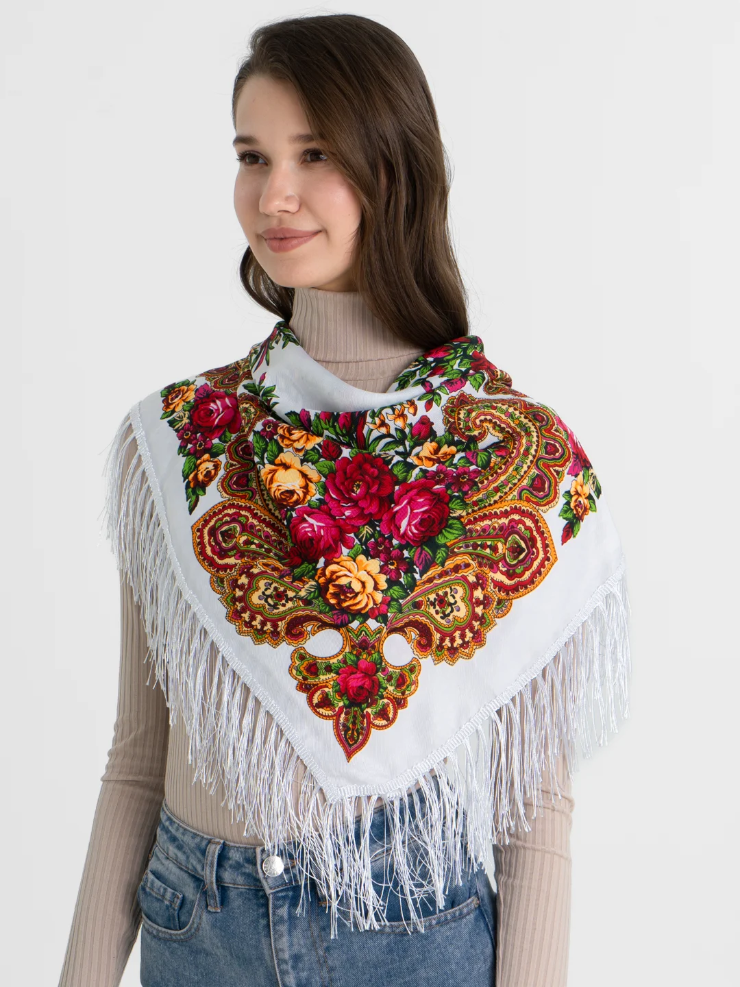 Серый металлик женский русский платок, с бахромой