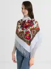 Прозрачный платок женский, в русском стиле, с бахрамой, с цветами