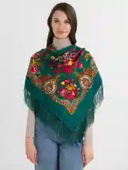 Лайм платок женский, в русском стиле, с бахрамой, с цветами