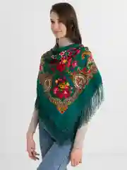 Лайм платок женский, в русском стиле, с бахрамой, с цветами