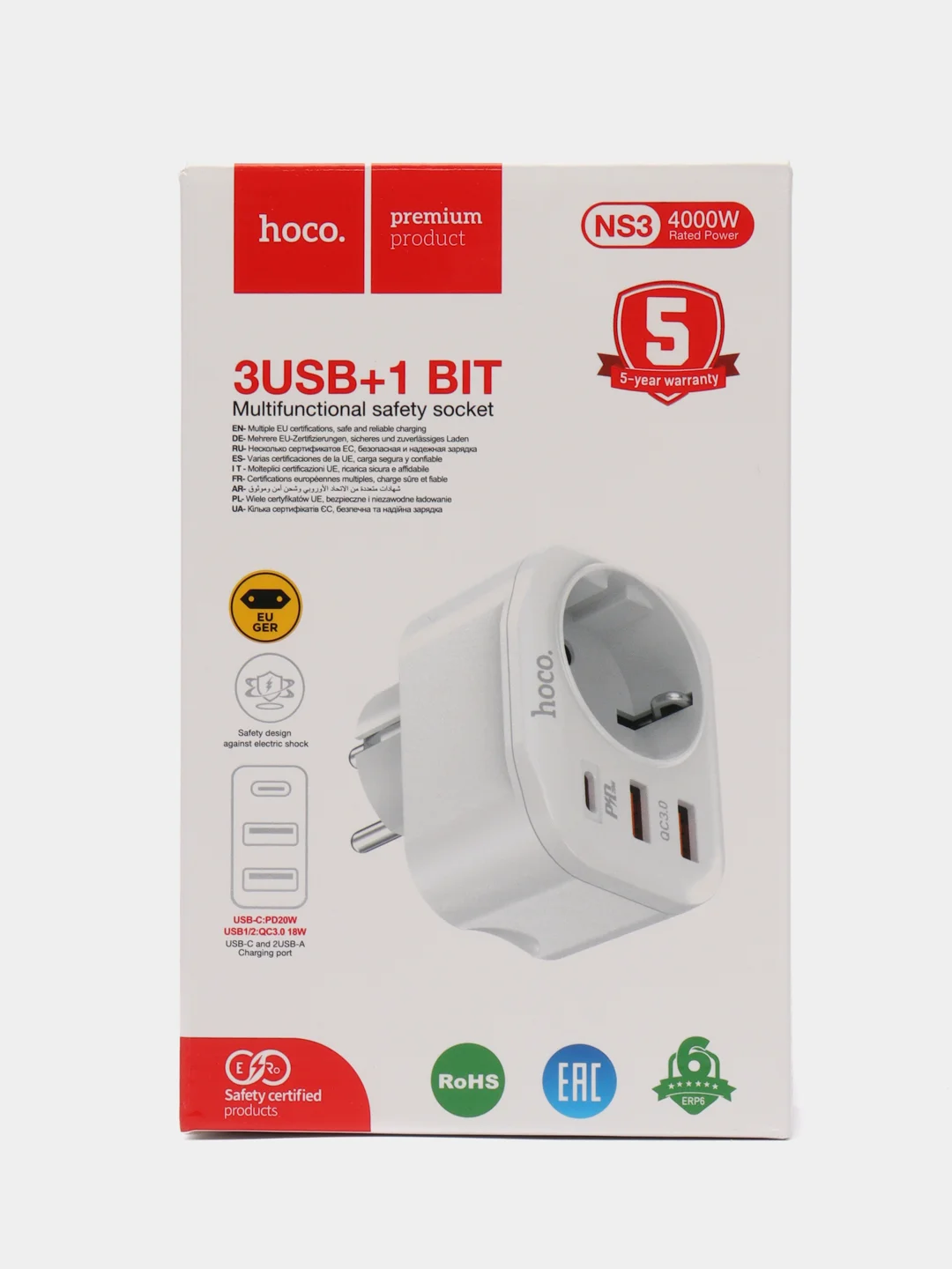 Белый сетевой фильтр Hoco NS3, 1 розетка, выходы 2xUSB, QC3.0, 18W, Type-C, PD20W
