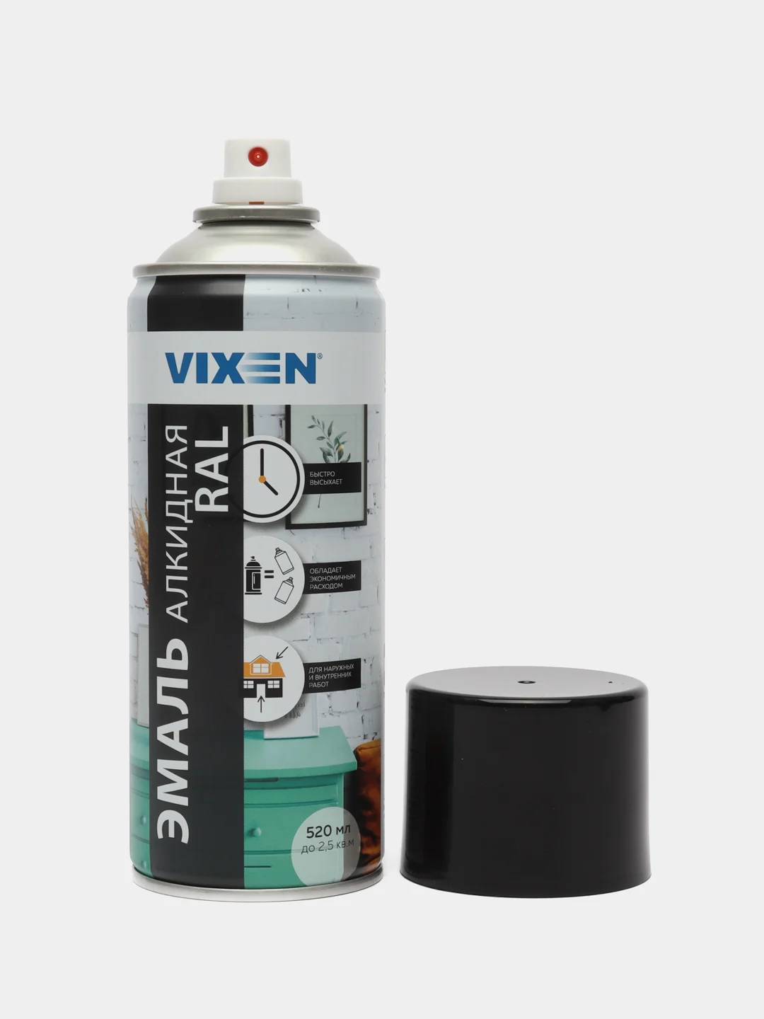 Черный эмаль аэрозоль, универсальная, алкидная, VIXEN, RAL 9005, черная, 520 мл