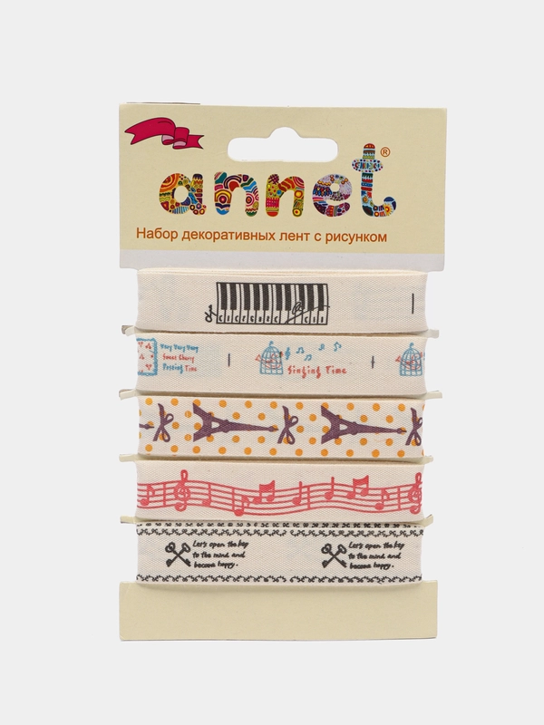 Набор декоративных лент с рисунком Annet.хлопковые ленты ширина 16мм,5 отрезов длина по 1м