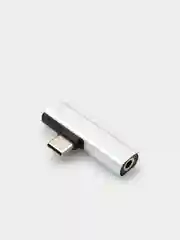 Серебряный переходник с Type-C на mini jack 3,5 мм (+ Type-C) / Адаптер для наушников с зарядкой