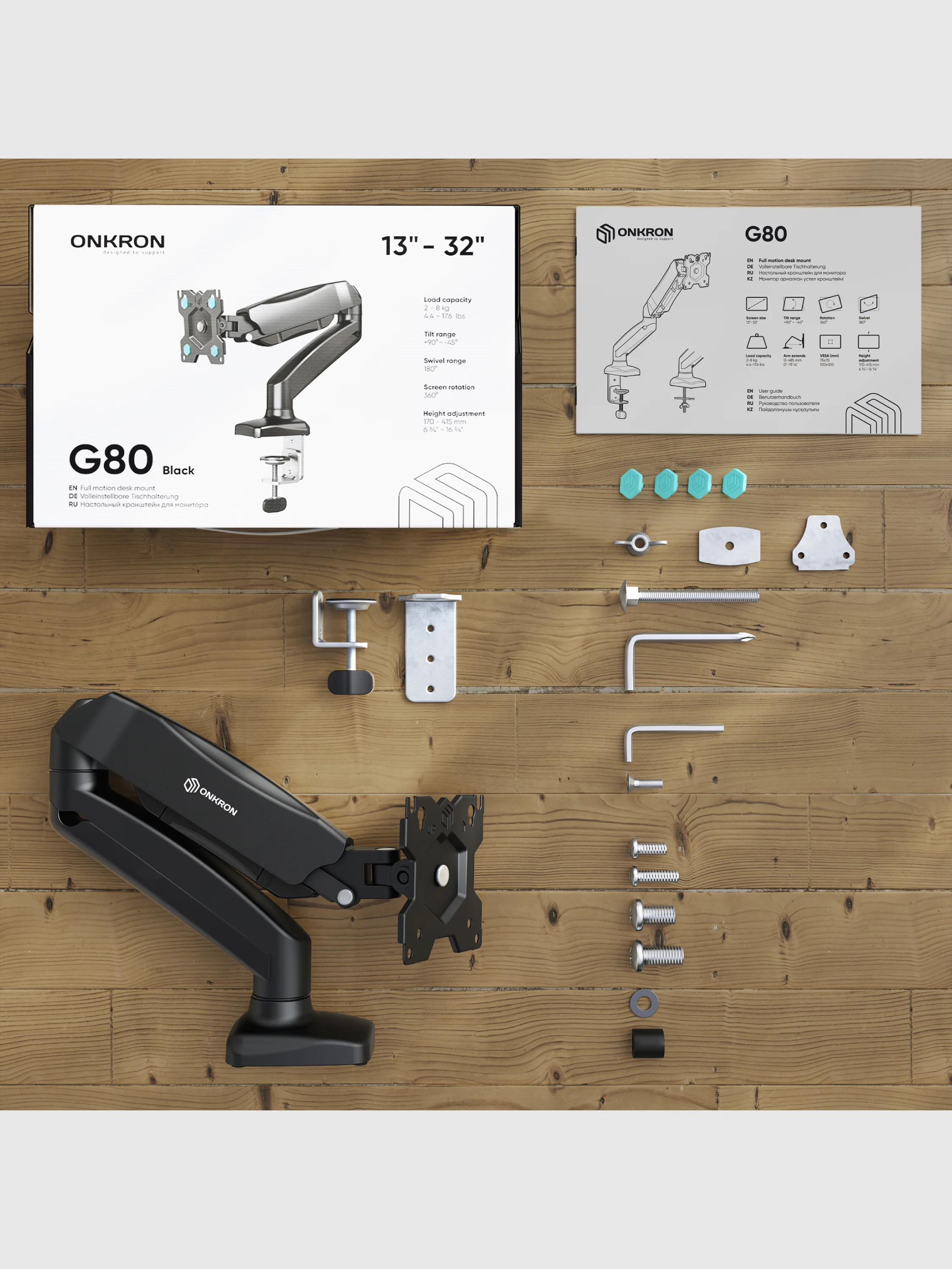 Белый кронштейн для монитора 13"-32" Onkron G80 настольный, до 8 кг, газлифт