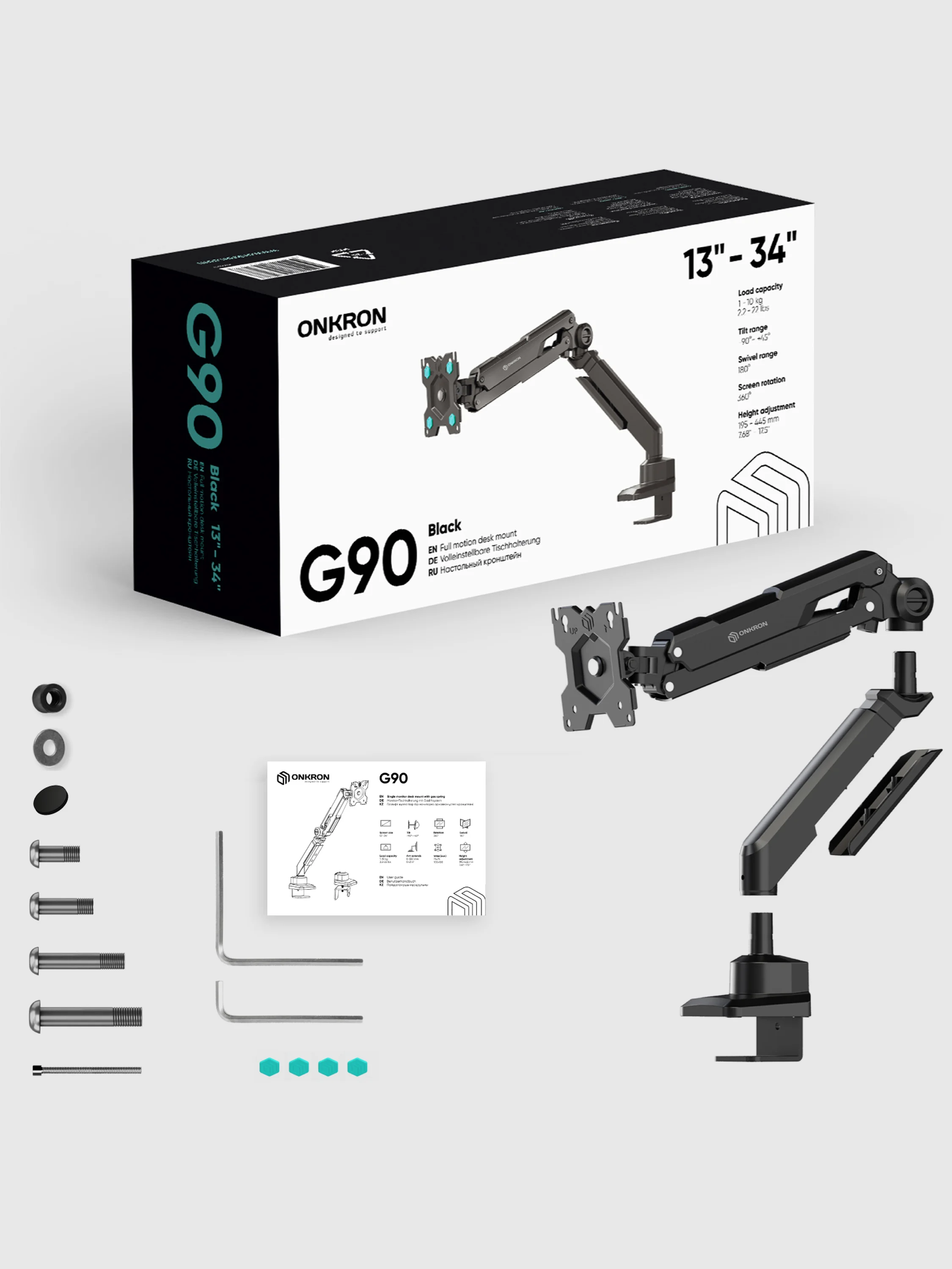 Черный кронштейн для монитора 13"-34" ONKRON G90 настольный, до 10 кг, черный