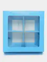 Голубой коробка складная для 4 конфет с окном, 12,5 х 12,5 х 3,5 см