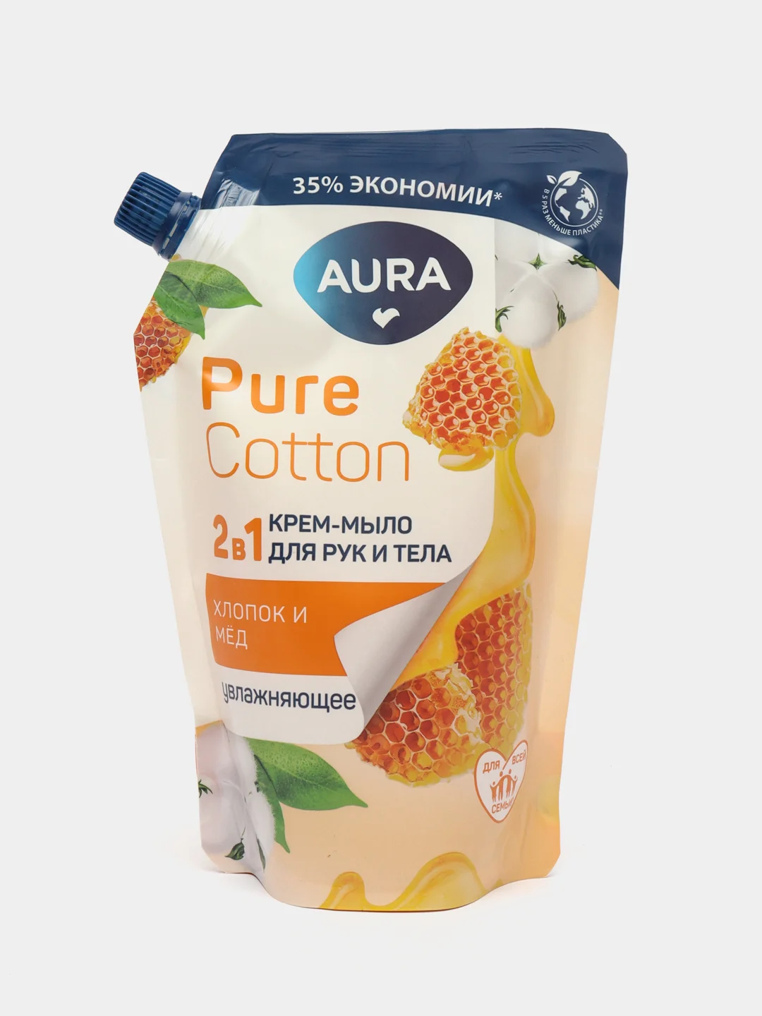 Желтый жидкое мыло, крем-мыло 2в1 для рук и тела AURA Pure Cotton, 450 мл