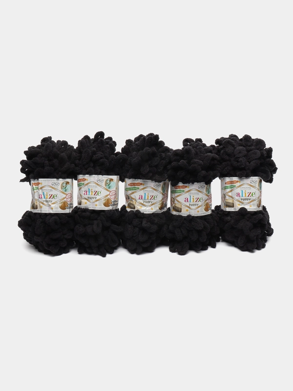 Пряжа Alize Puffy, 100г, 9м, 100% микрополиэстер, 60 черный, 5 штук