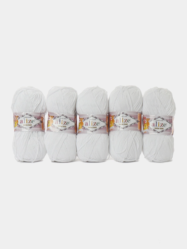 Пряжа Alize Cotton gold, 100гр, 330м, 55% хлопок, 45% акрил, ТУ 55 белый, 5 штук