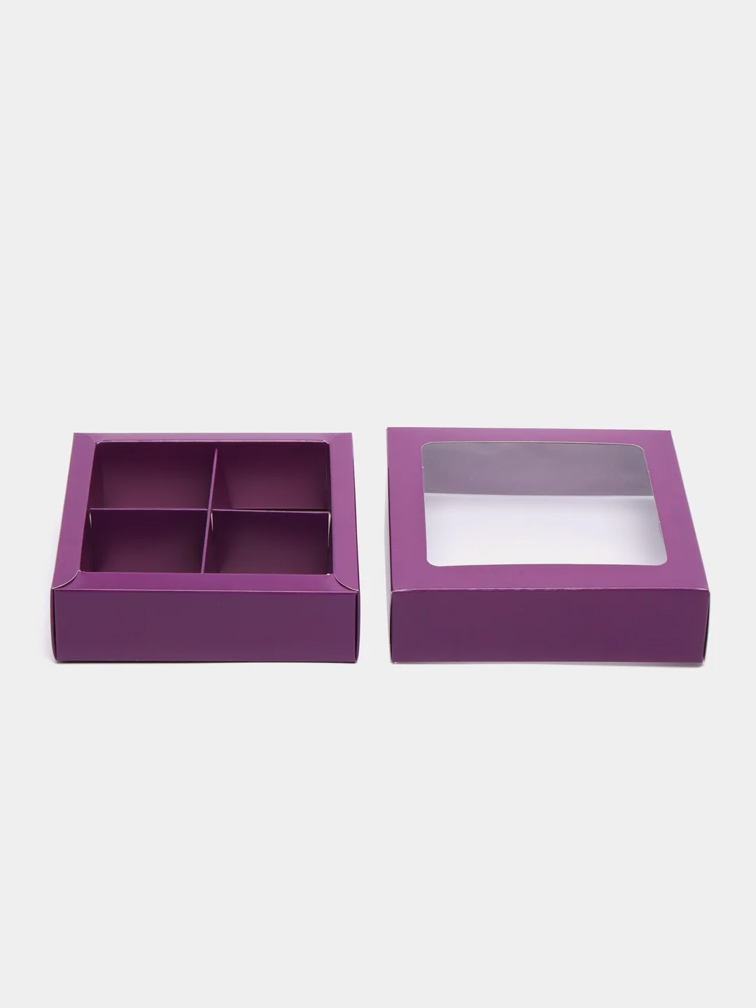 Фиолетовый коробка складная для 4 конфет с окном, 12,5 х 12,5 х 3,5 см