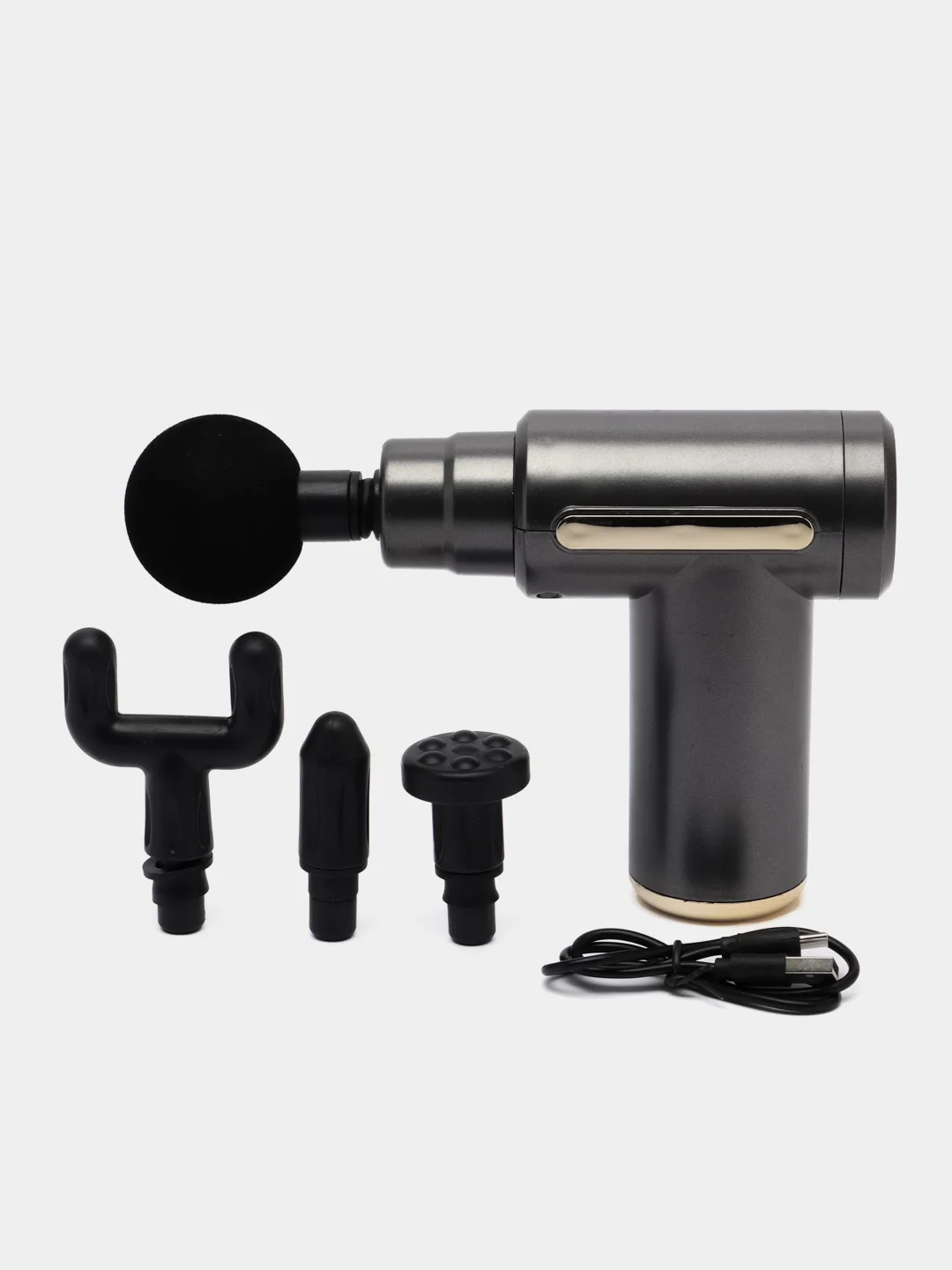 Серый мышечный массажер для тела Fascial Gun,ударный,перкуссионный,антицеллюлитный/ 4 насадки